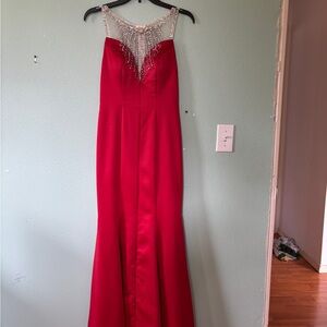 Elegant Red Gown with Beaded Neckline
